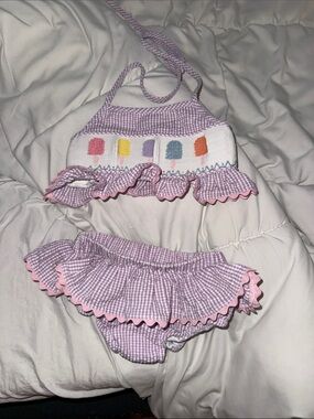 Girls' Lilac Gingham Ruffle Bikini with Popsicle Embroidery